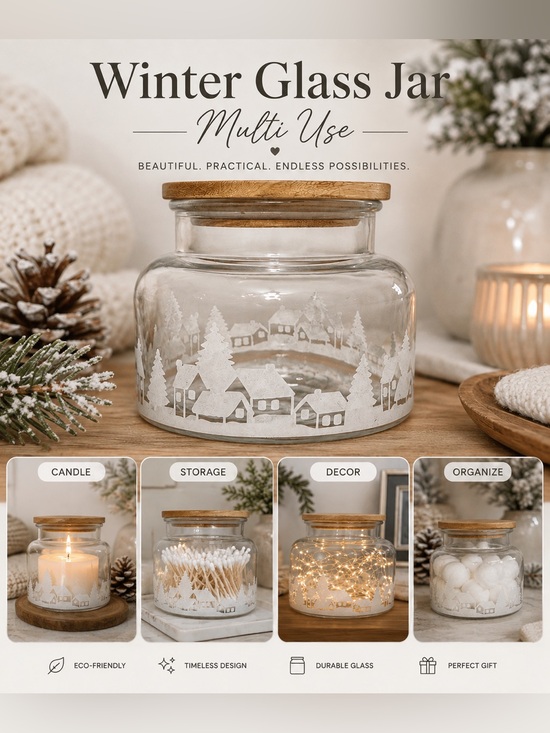 Other - Winter Multi UseGlass Jar with Wooden Lid - White Snow Village Design